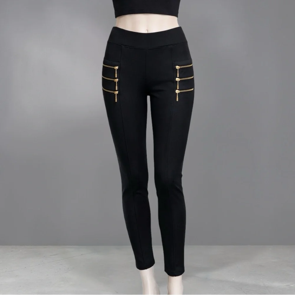 Women's Black High-Waist Slim Pants with Gold Zipper Detail